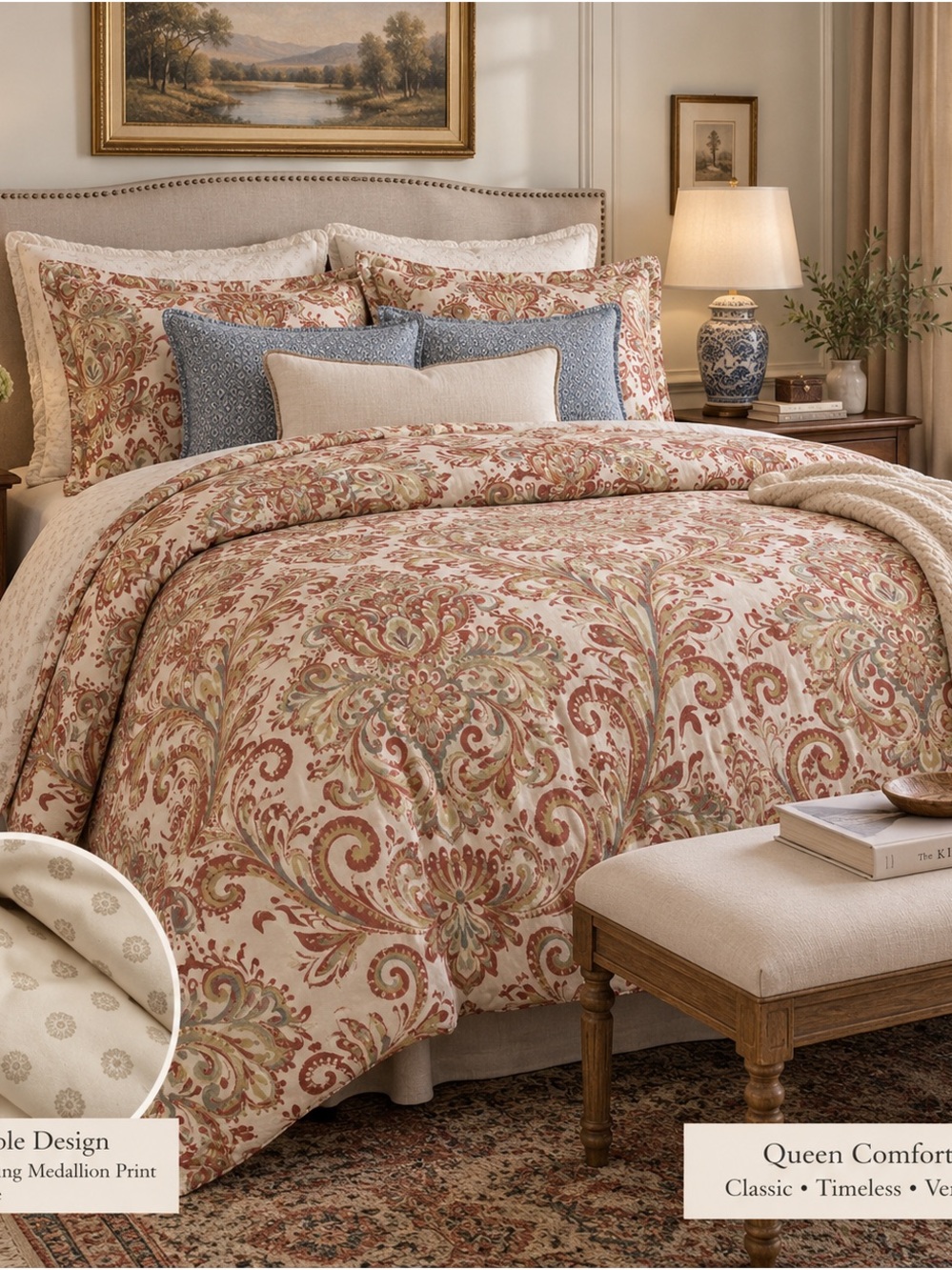 Classic Paisley Medallion Comforter- muted rust, sage and cream -Queen
